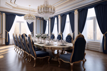 Blue and gold luxury dining room with crystal chandelier in classic style