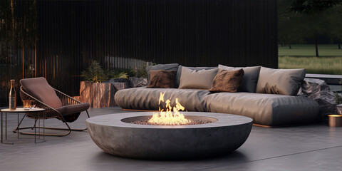 Luxury outdoor furniture with fire pit in the evening - obrazy, fototapety, plakaty