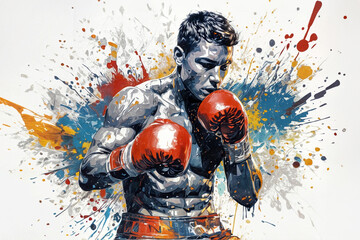 Boxer in action on a grunge background. Illustration of a boxer in action with colorful splash background. Portrait of an athletic male boxer with boxing gloves. - obrazy, fototapety, plakaty
