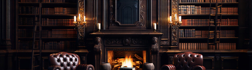 Dark academia library with fireplace and leather chairs, 3D illustration