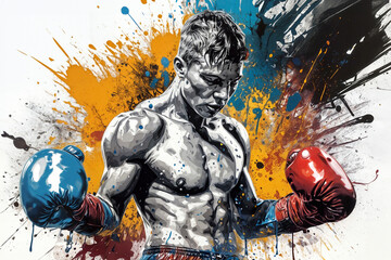 Boxer in action on a grunge background. Illustration of a boxer in action with colorful splash background. Portrait of an athletic male boxer with boxing gloves.