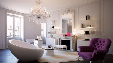 3D rendering of a modern bathroom with a purple armchair, white bathtub, and crystal chandelier.