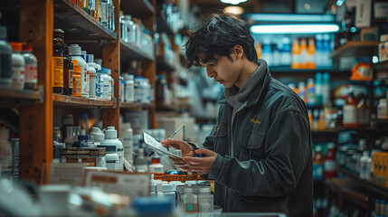 Customer browsing pills at retail pharmacy in city marketplace - obrazy, fototapety, plakaty
