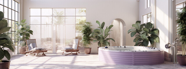 3d rendering of a luxury bathroom with a hot tub, plants, and large windows
