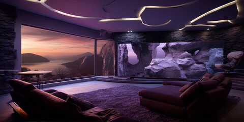Futuristic living room interior with amazing mountain lake view, purple and grey colors, soft lighting and comfortable furniture