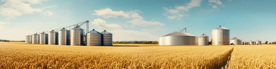 Poster Grain silos in farm field. Agricultural silo or container for harvested grains. © Alena