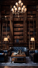 A library with bookshelves, a chandelier, and leather chairs in a classic style with brown and blue colors.