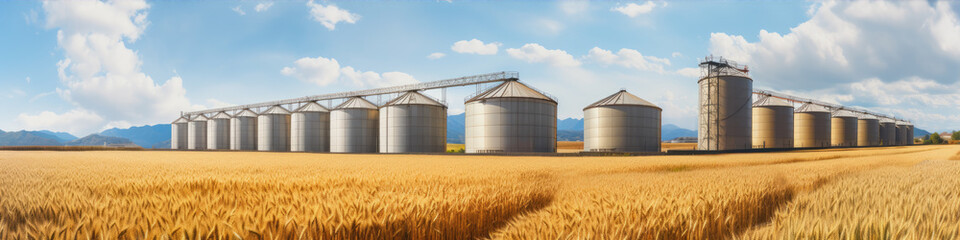 Grain silos in farm field. Agricultural silo or container for harvested grains. - obrazy, fototapety, plakaty