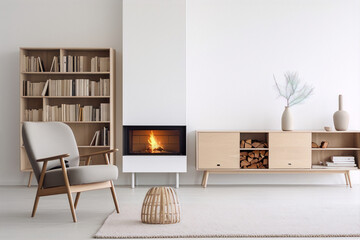 Scandinavian living room interior with a fireplace, a gray armchair, a wooden cabinet, a rug and a decorative vase.