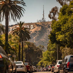 Iconic Hollywood Sign View from Bustling Street