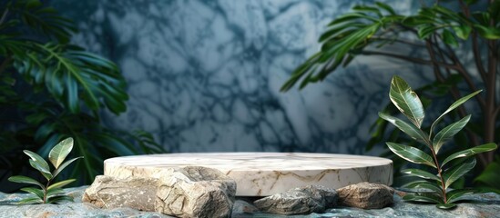 White marble podium stand display platform with natural plant summer scene background. AI generated