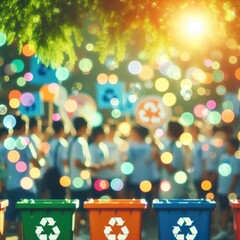People participating in a recycling rally or event, surrounded by vibrant recycling bins and symbols, emphasizing community engagement in waste reduction. Created by generative ai