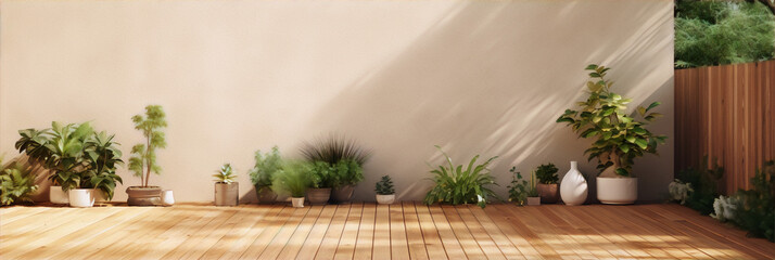 3d illustration of a bright and sunny outdoor patio with plants and a wooden floor