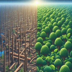 Deforestation or forestation, with destroyed and complete green forest, isometric illustration. Created by generative ai