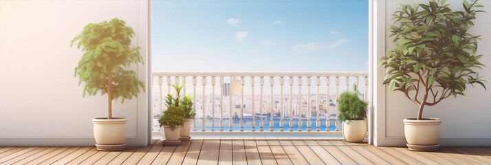 Balcony plants, wooden floor and city view