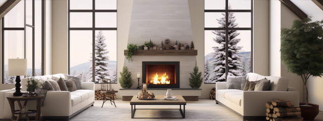 A cozy living room with a fireplace, two sofas, and a coffee table in front of a snowy mountain landscape. - obrazy, fototapety, plakaty