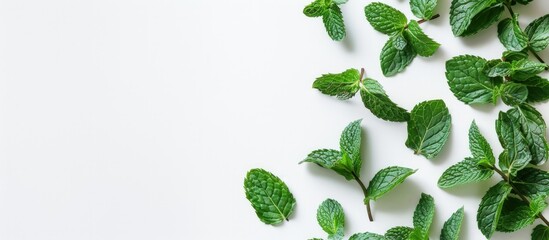 Fresh detailed green mint leaves isolated on white background. AI generated image - obrazy, fototapety, plakaty