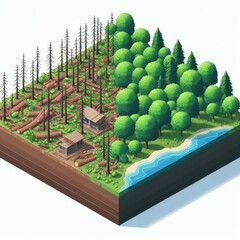 Deforestation or forestation, with destroyed and complete green forest, isometric illustration. Created by generative ai