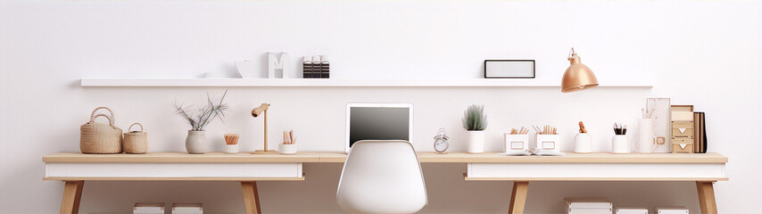 3d rendering of a minimal home office with a white desk, copper lamp, and natural elements