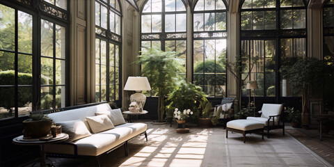 Elegant living room interior with large windows, plants, and a comfortable sofa in a bright and airy space. - obrazy, fototapety, plakaty