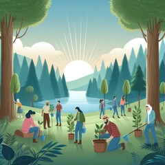 Individuals engaging in a tree planting event, symbolizing community efforts for reforestation. Nature and Ecology Concept. World Environment Day. Illustration. Created by generative ai.