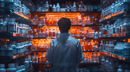 A man stands in a pharmacy, surrounded by shelves full of bottles