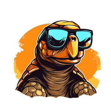 Vector illustration of a sea turtle wearing sunglasses on an orange background.