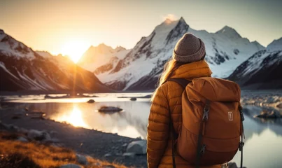 Fototapete Aoraki/Mount Cook Winter Wonderland Expedition: A Happy Tourist Woman, Back View, Immerses Herself in the Tranquility of a Glacier Lake, Aoraki/Mount Cook, and the Southern Alps under the Majestic Sunset Sky in Winter