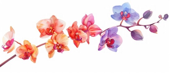 Fototapeta na wymiar Beautiful colorful orchid flowers with branch isolated on white background. AI generated image