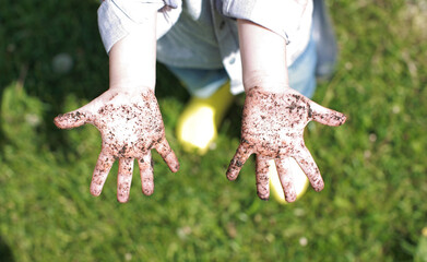 Children's palms are stained with dirt, a child was playing in the street and got his hands dirty. Little child planting plants outside, dirty children's hands, hygiene