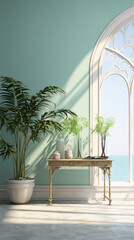 Fototapeta premium The image is in the art category and art style subjects and colors are: interior, plants, table, vases, books, arch, window, sea, green, blue, white.