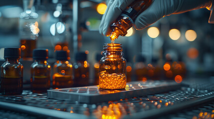 In the city laboratory, a person is pouring amber liquid into a glass bottle - obrazy, fototapety, plakaty