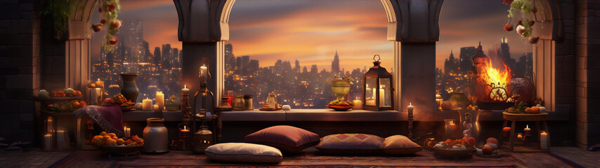 An oriental terrace with a view of the night city.