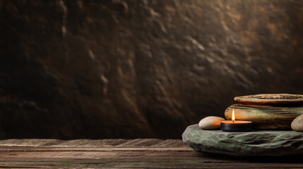 A lit candle and stacked smooth stones on a wooden table with a dark background. - obrazy, fototapety, plakaty