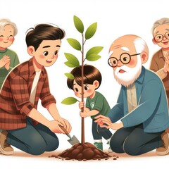 Child planting a tree with guidance from elders, importance of environmental values in future generations, Nature and Ecology Concept. World Environment Day. Illustration. Created by generative ai.