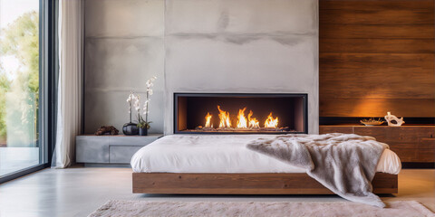 Modern bedroom interior with fireplace, fur throw and orchid flowers