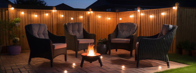 A cozy backyard with a fire pit, surrounded by wicker chairs and decorated with string lights.