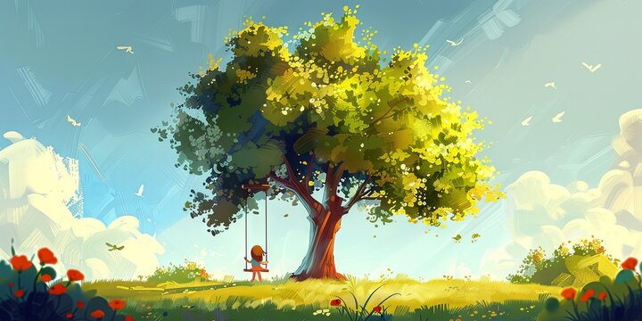 whimsical tree with swings and girl enjoying playful moments, Generative AI