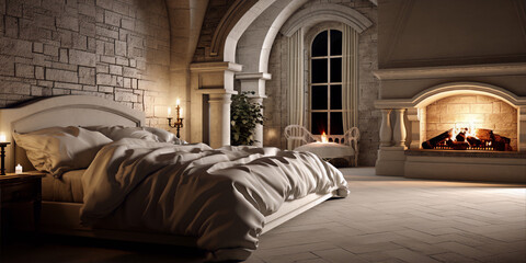 Fireplace, candles, and bed in a stone room - obrazy, fototapety, plakaty