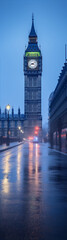 Fototapeta na wymiar Cityscape of London, England featuring Big Ben at night in the rain with blue and red lights reflecting off the wet pavement.
