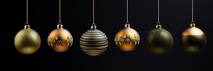 Luxury golden and bronze Christmas balls hanging on black background.