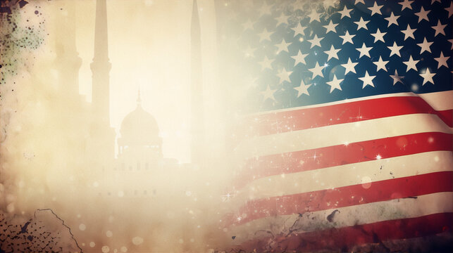grunge textured background with american flag and mosque in beige and blue colors