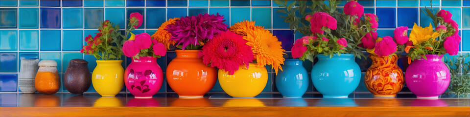 Colorful flowers in various vases on a blue tiled background