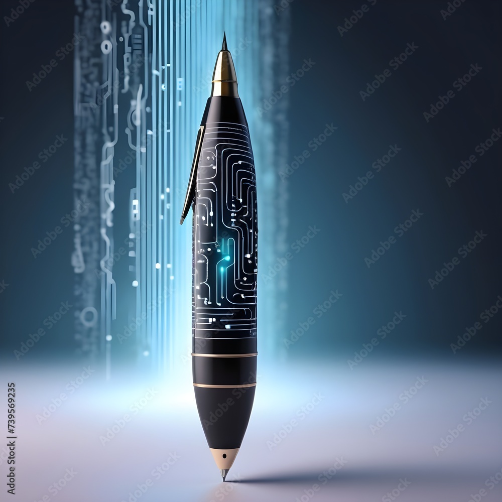 Poster futuristic ai technology for creative copywriting. digital pen symbolizing the integration of ai in 