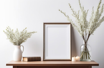 Copy space, home decor, white background photo frame with front blank. Desk with a vase of flowers...