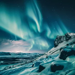 Raamstickers Majestic Northern Lights Over Snowy Mountain Landscape © HustlePlayground