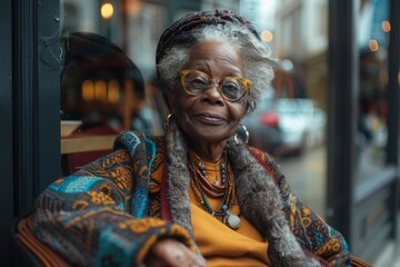 A woman with a warm smile sits gracefully in an outdoor street setting, her human face radiating contentment as she showcases her unique sense of style through her carefully chosen clothing - obrazy, fototapety, plakaty