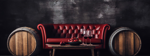 Red leather sofa in a dark room with wine and fruit on a table in front of it.
