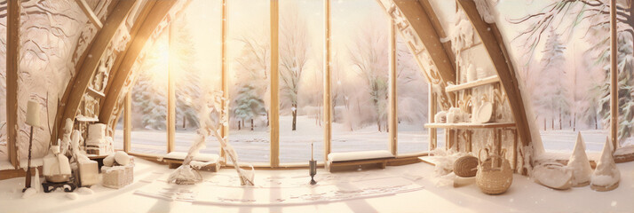 A wooden house interior with a large window looking out onto a snowy forest.