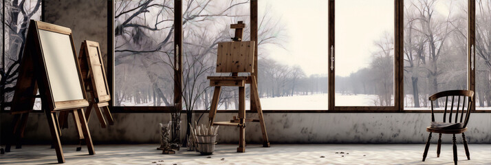 An empty art studio with a large window looking out onto a snowy forest.